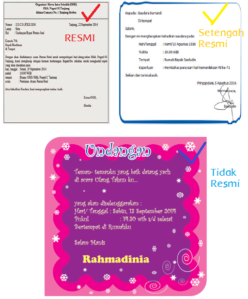 Surat undangan tidak resmi merupakan surat undangan yang ditulis oleh perorangan dalam suatu acara. Perbedaan Undangan Resmi Setengah Resmi Dan Tidak Resmi Halaman 155 Belajar Kurikulum 2013