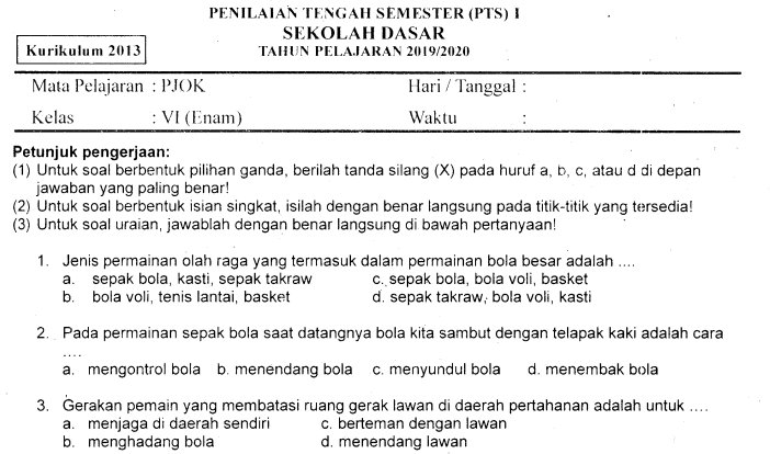 Keterampilan gerak teknik service, passing dan smash pada permainan bola voli serta. Kumpulan Soal Penilaian Tengah Semester Pts Ganjil Pjok Kelas 6 Sd Terbaru Tahun 2019 2020 Gratis Bilal Web Inspirasimilenial