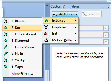 1) entrance, memberi efek animasi pada saat objek memasuki slide presentasi. Gudang Belajar Komputer Mengenal Microsoft Powerpoint 2007